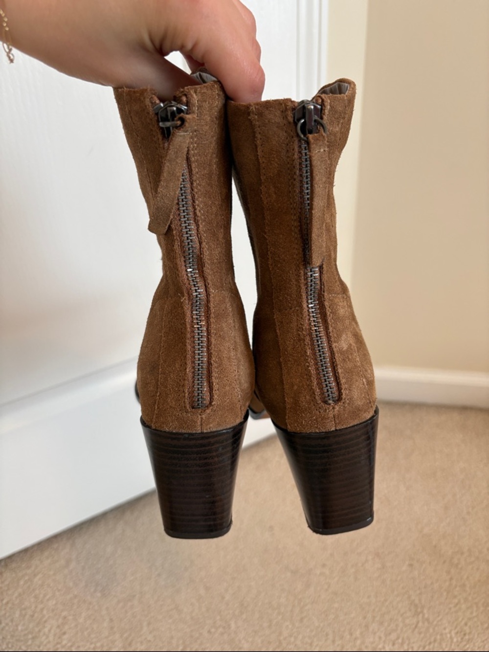 ZARA Cowboy Split Suede Leather Ankle Boots Almond Tan Brown - Picture 11 of 11